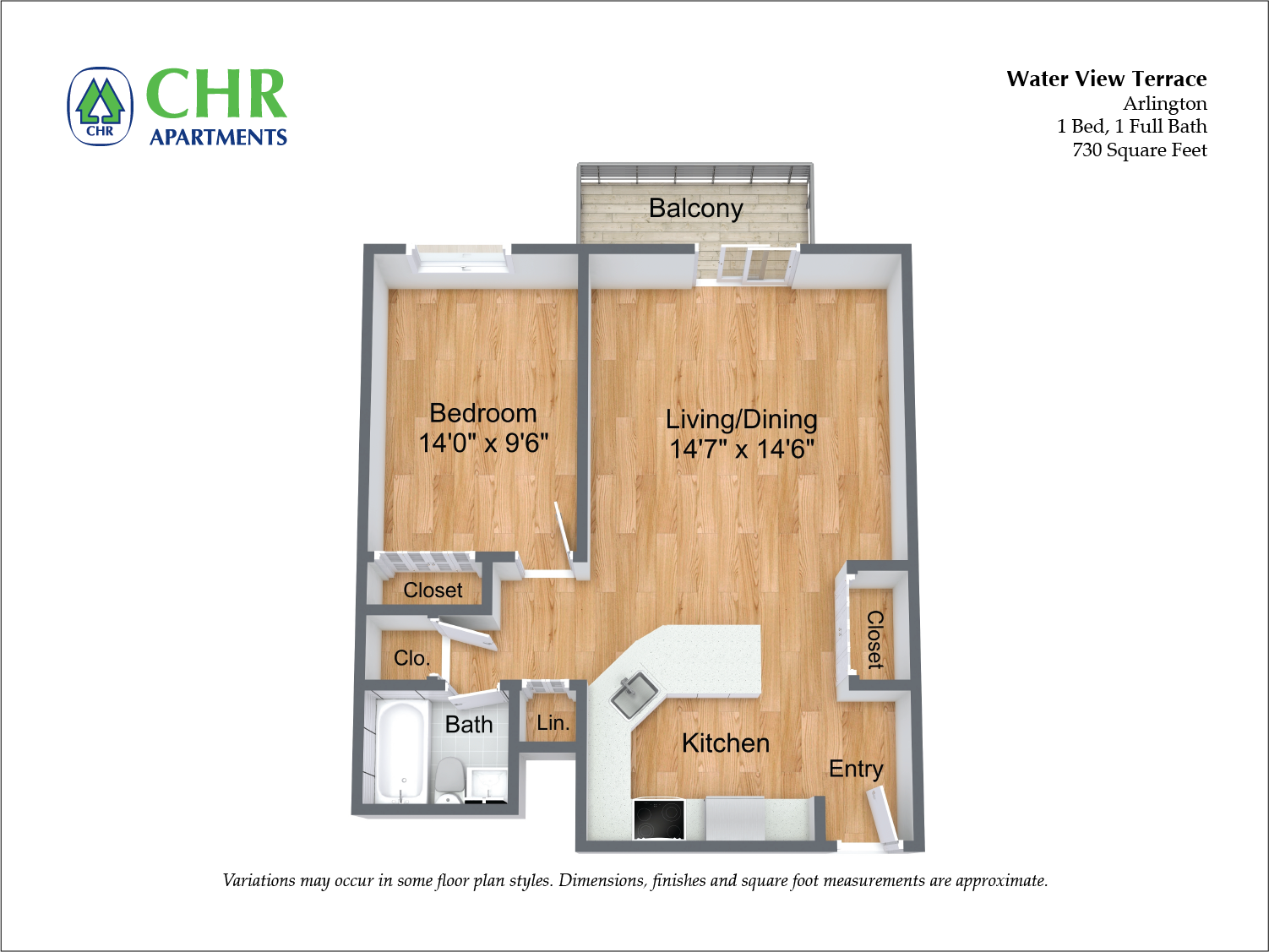 Click to view 1 Bed/1 Bath with Balcony and A/C floor plan gallery