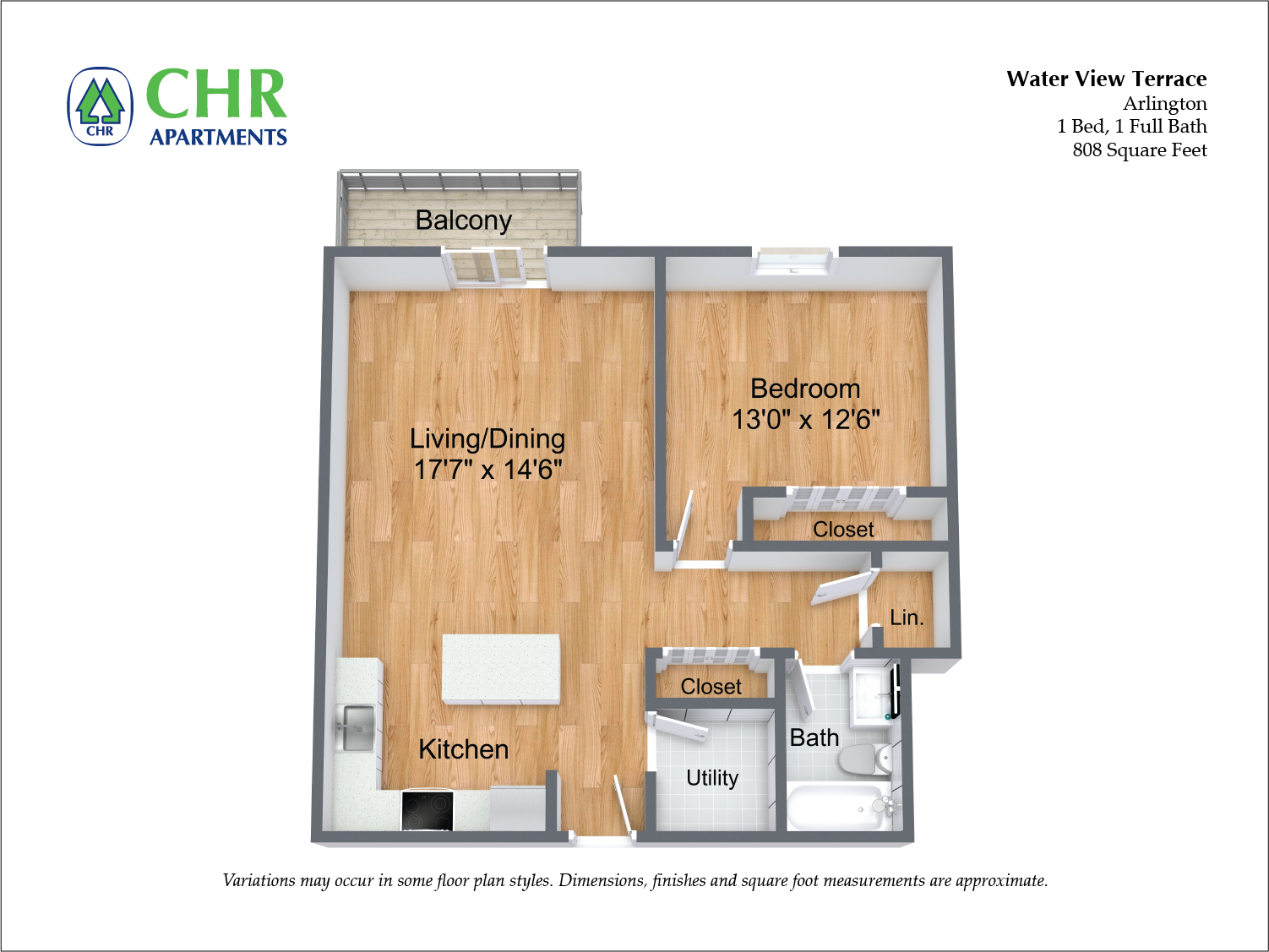 Floor plan 1 Bed/1 Bath with Balcony and Extra Closets image 1