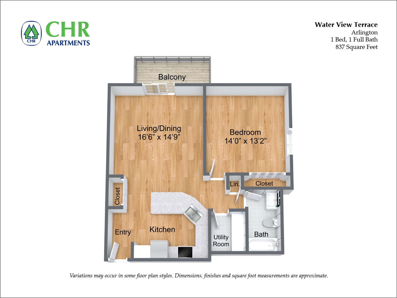 Floor plan 1 Bed/1 Bath with Balcony and Extra Closets image 3