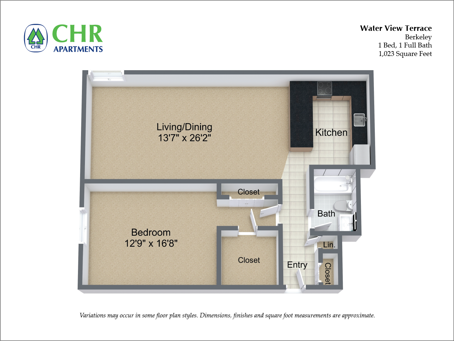 Floor plan 1 Bed/1 Bath Large with A/C image 3