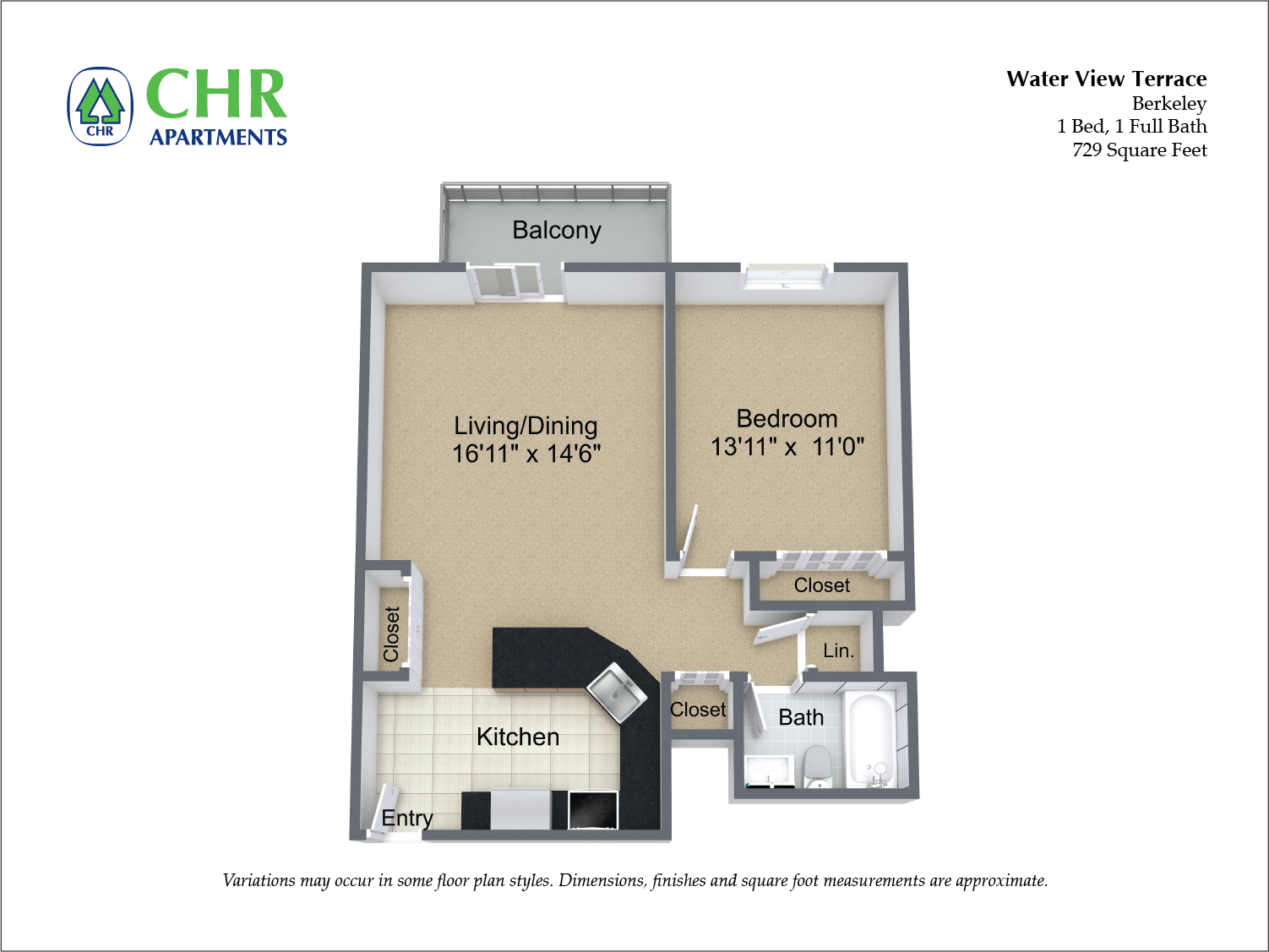 Click to view Floor plan 1 Bed/1 Bath with Balcony and A/C image 5