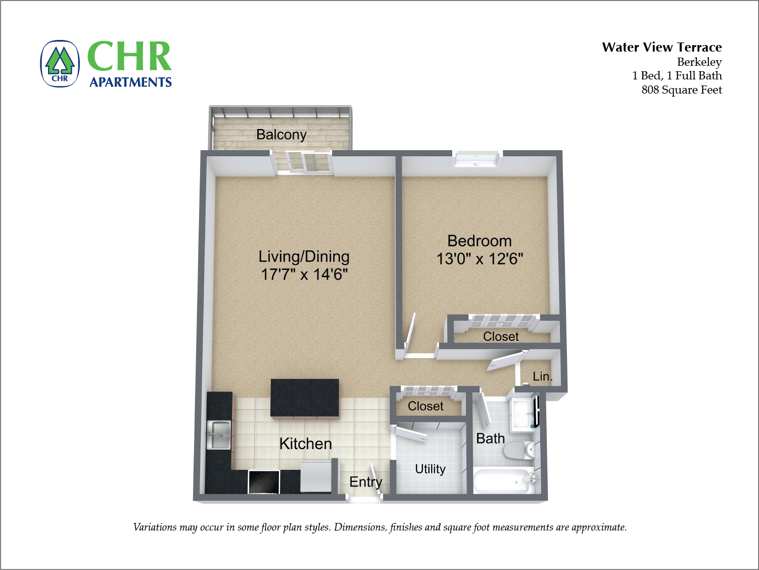 Click to view Floor plan 1 Bed/1 Bath with Balcony and Extra Closets image 7