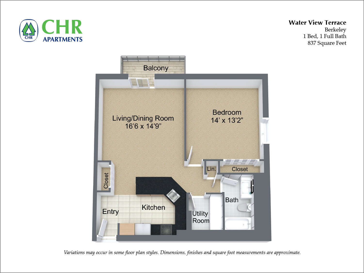 Click to view Floor plan 1 Bed/1 Bath with Balcony and Extra Closets image 5