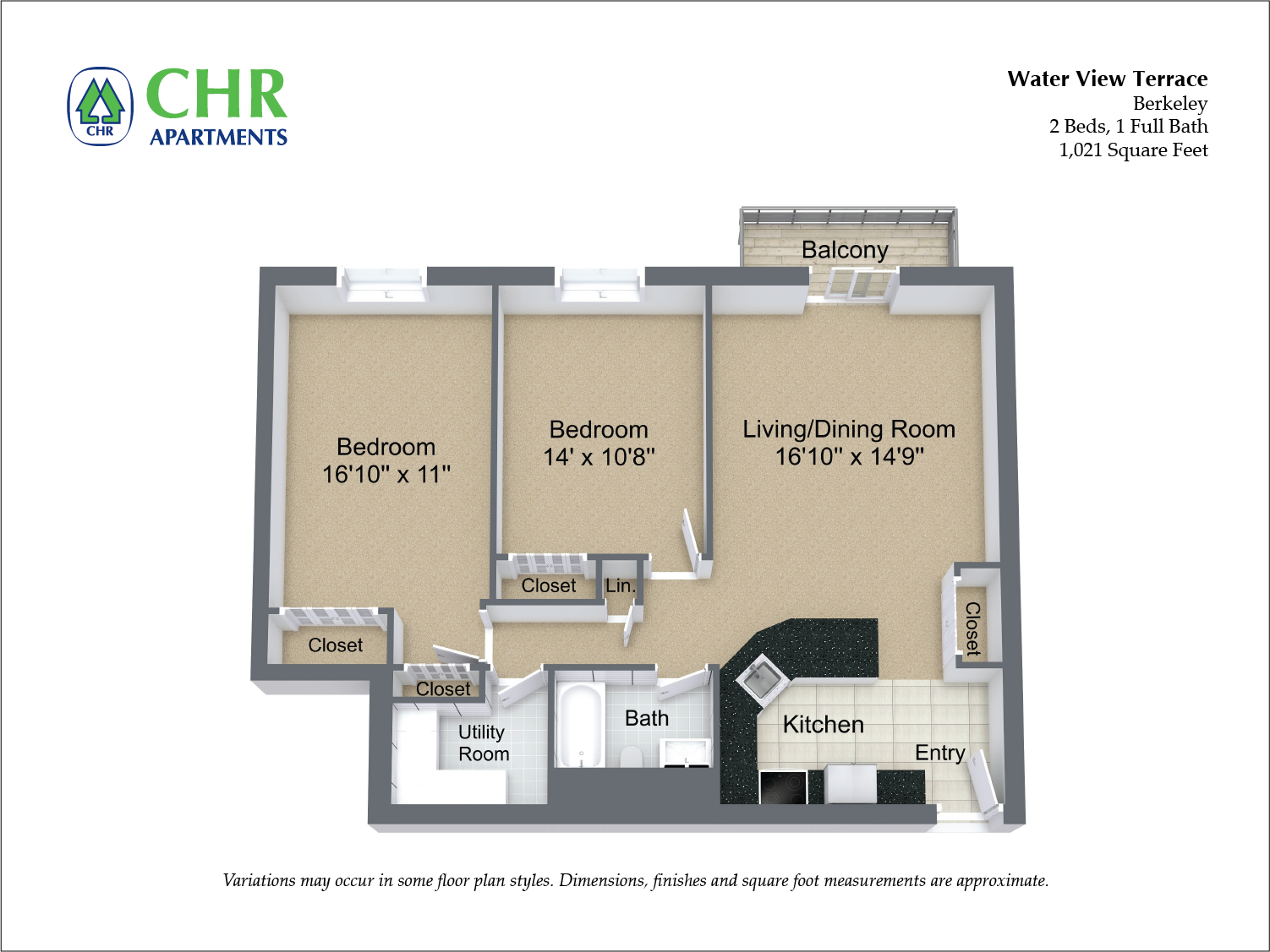 Floor plan 2 Bed/1 Bath with Balcony and A/C image 5