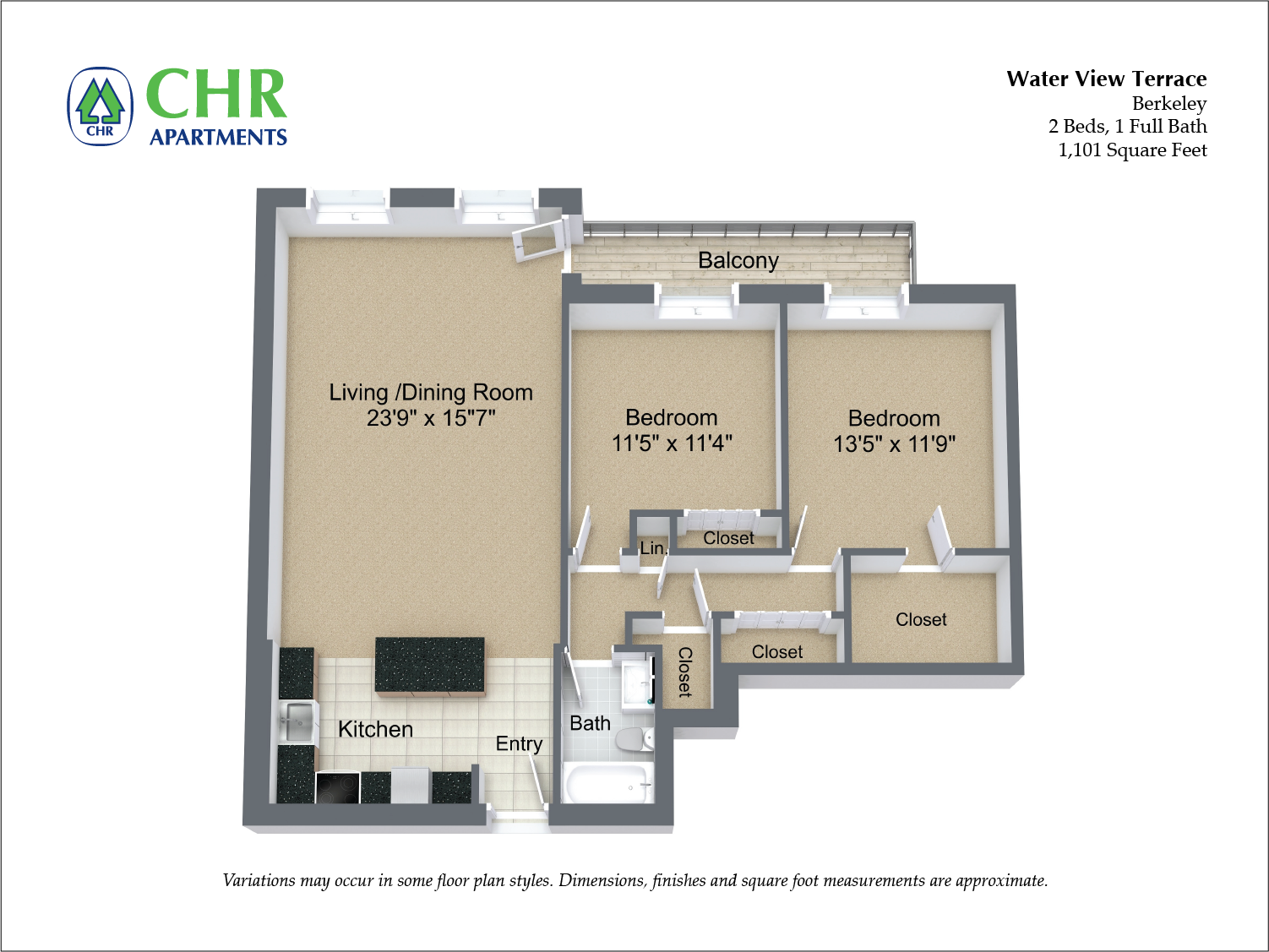 Floor plan 2 Bed/1 Bath with Balcony and A/C image 2