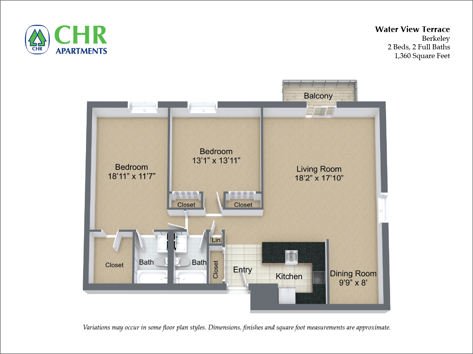 Click to view Floor plan 2 Bed/2 Bath Extra Large with Balcony image 3