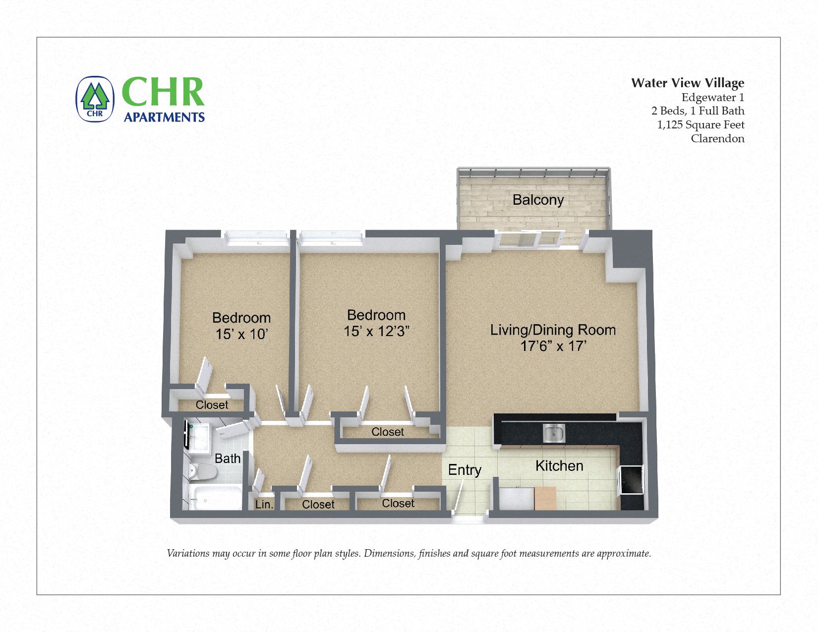 Click to view 2 Bed/1 Bath with Balcony floor plan gallery