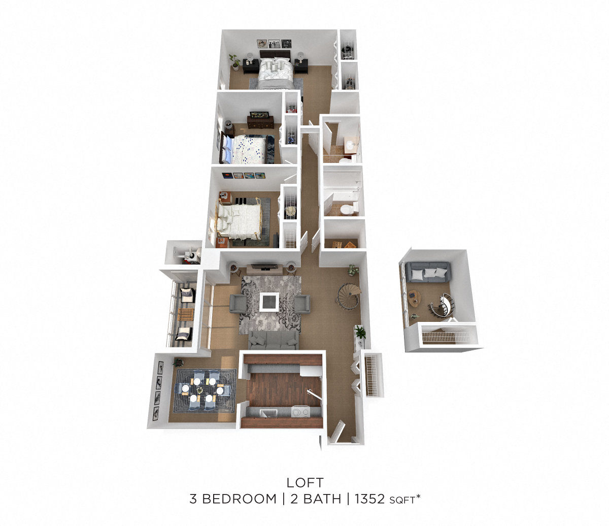 Three Bedroom 2 Bath - 1,352 sqft floor plan