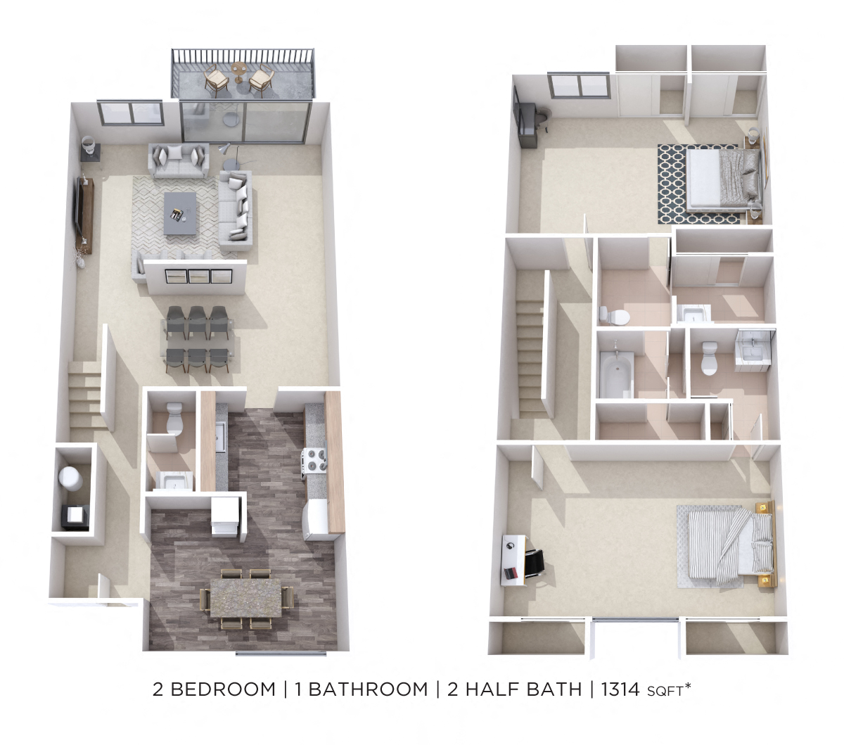 Two Bedroom 1.5 Bath Townhome- Courtyard floor plan