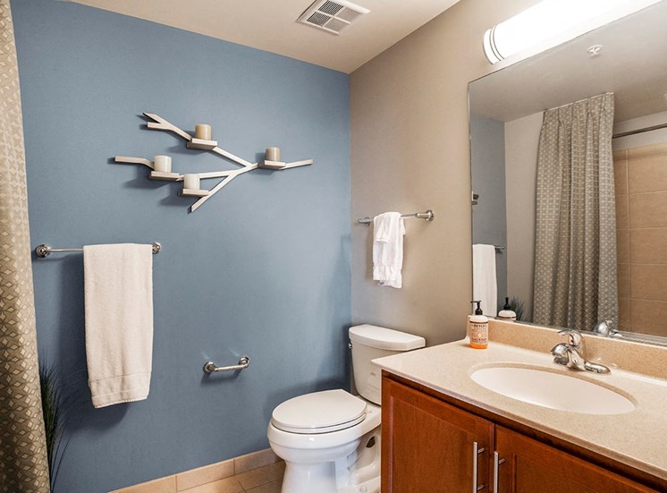Alta's apartment bathrooms feature wood cabinets and marble countertops