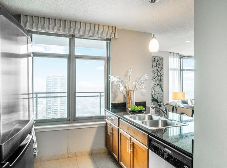 Large windows and stainless steel appliances in Alta's apartment kitchens