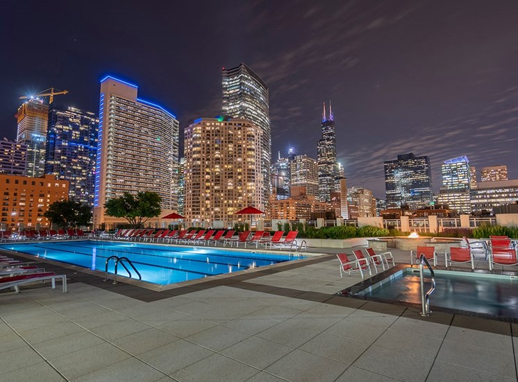 Alta's rooftop terrace is a great place to view the Chicago skyline at night
