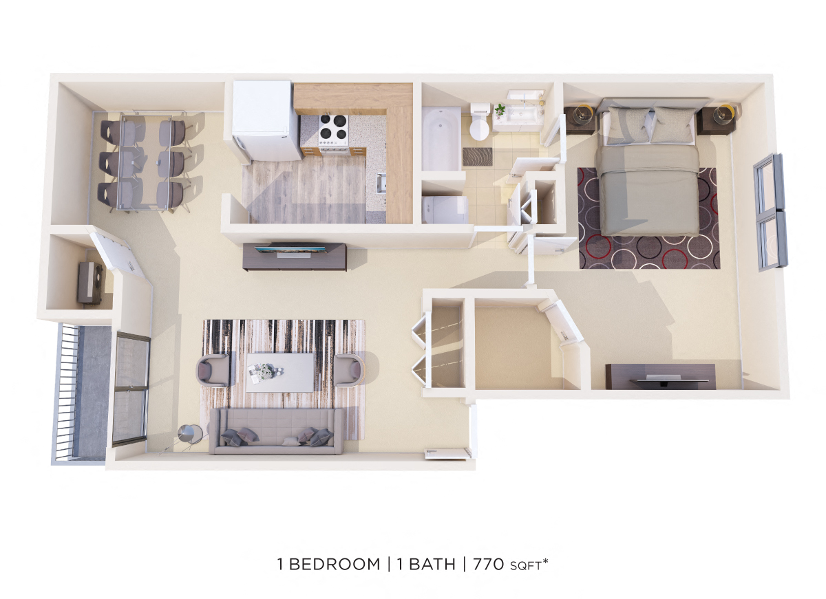 One Bedroom- 770 sqft floor plan