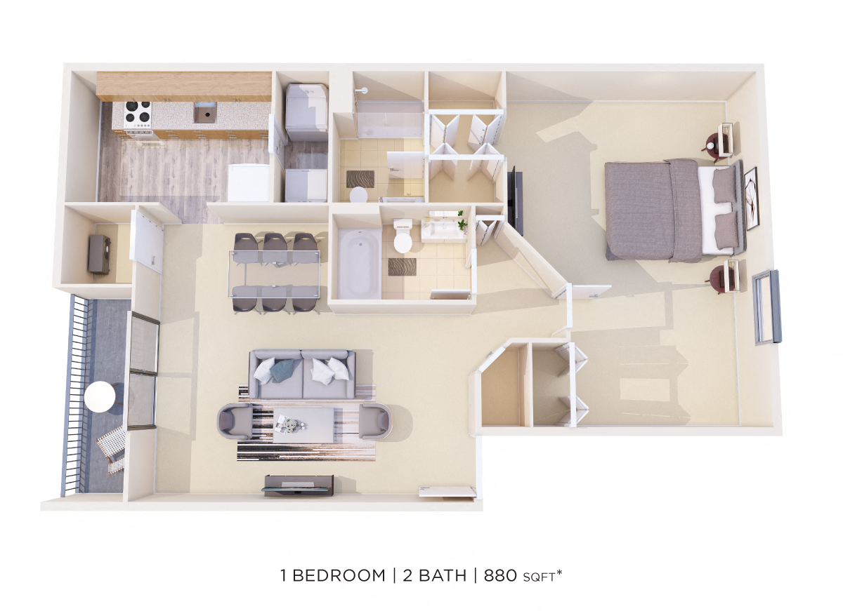 One Bedroom 2 Bath - 880 sqft floor plan