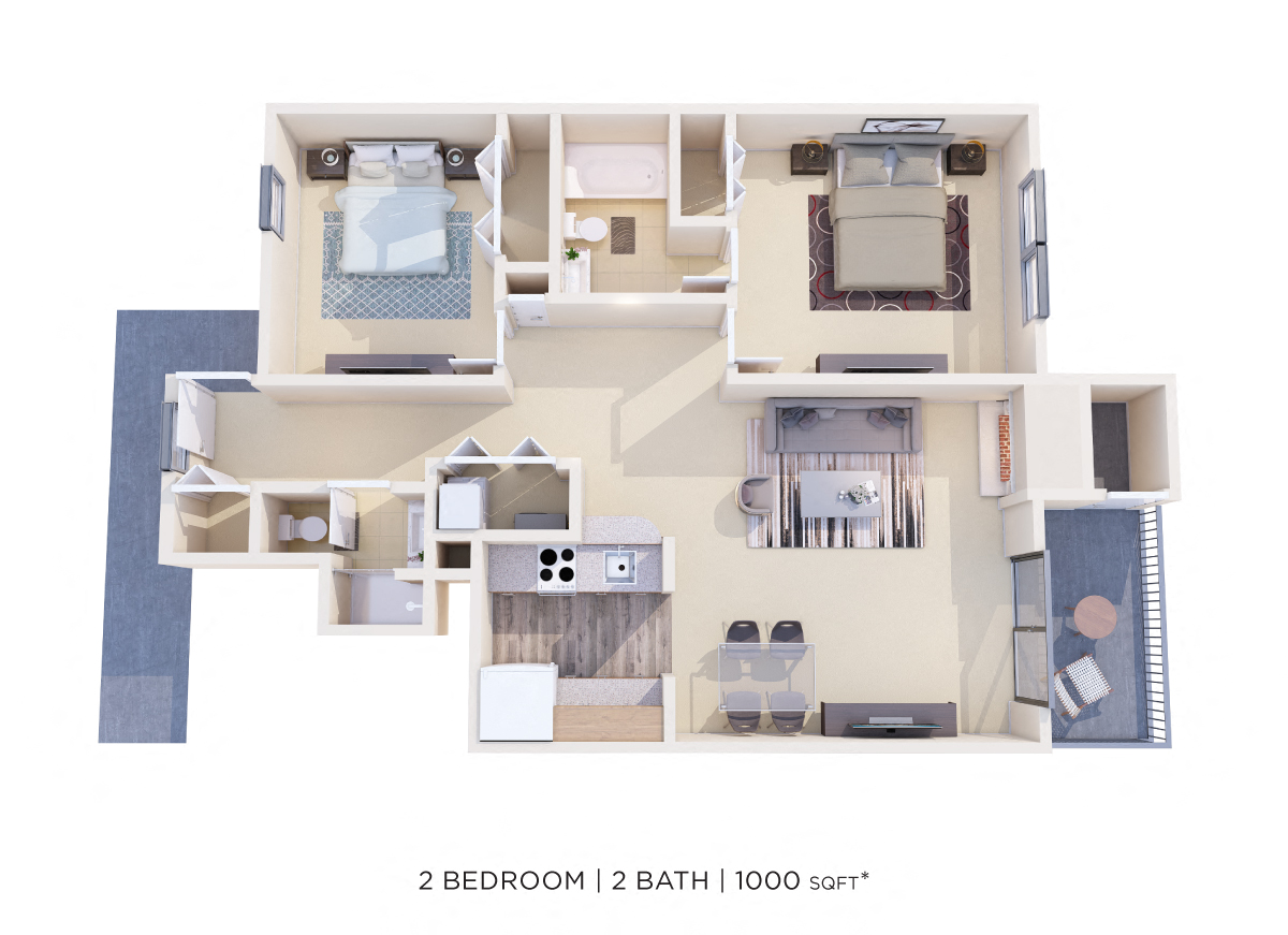 Two Bedroom 2 Bath - 1,000 sqft floor plan
