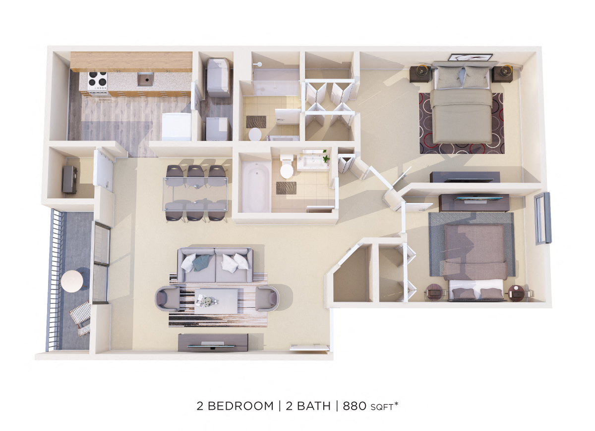 Two Bedroom 2 Bath - 880 sqft floor plan