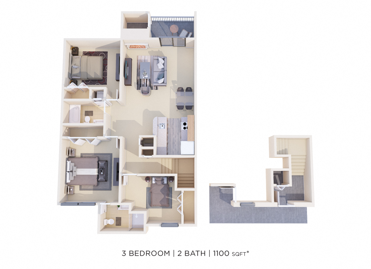 Three Bedroom 2 Bath - 1,100 sqft floor plan