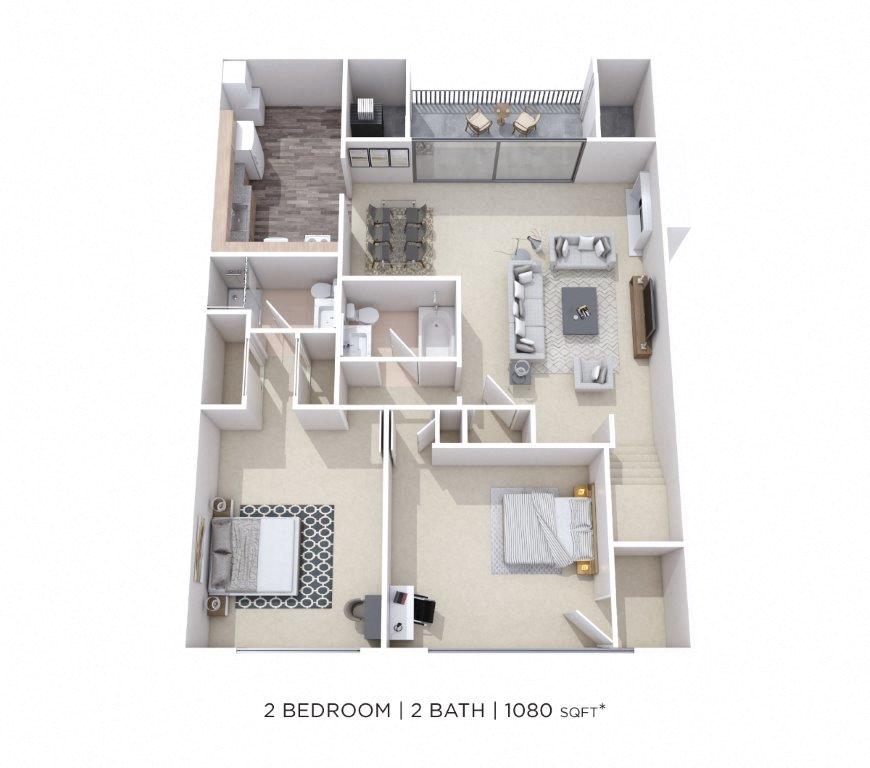 Two Bedroom 2 Bath - 1,080 sqft floor plan