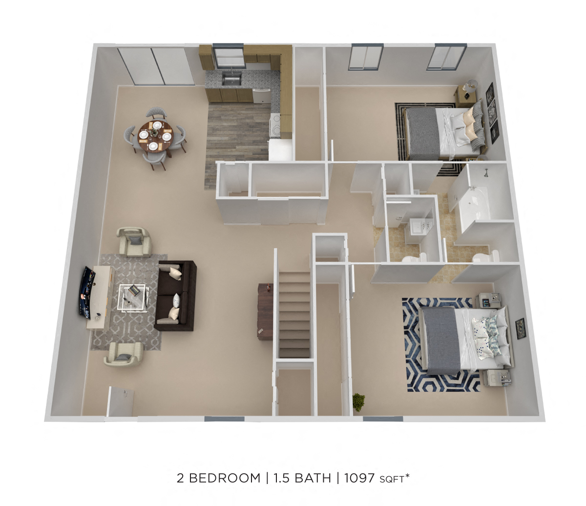 Two Bedroom 1.5 Bath - 1,097 sqft floor plan