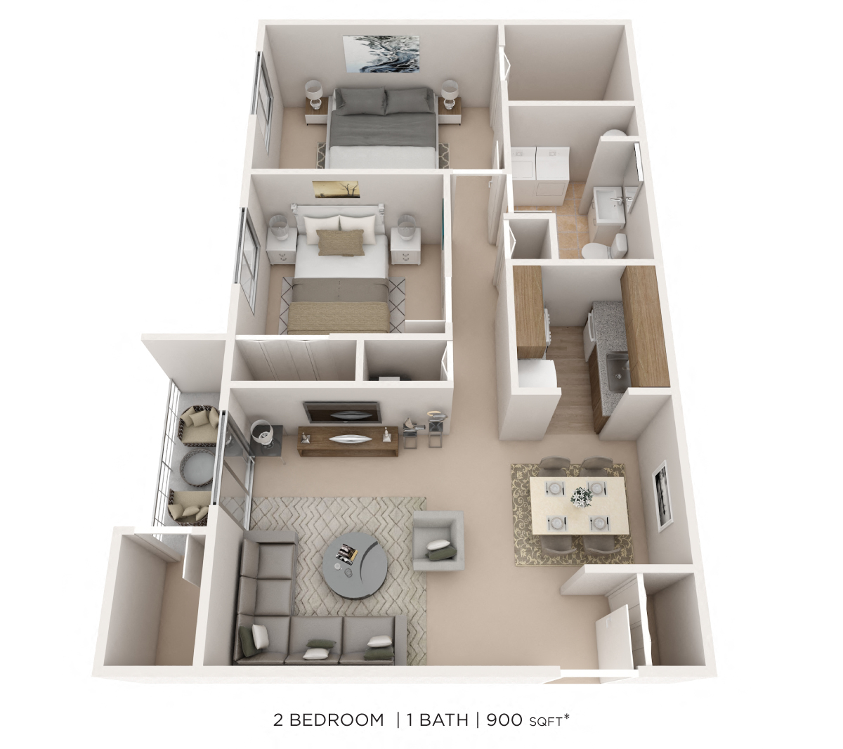 Two Bedroom- 900 sqft floor plan
