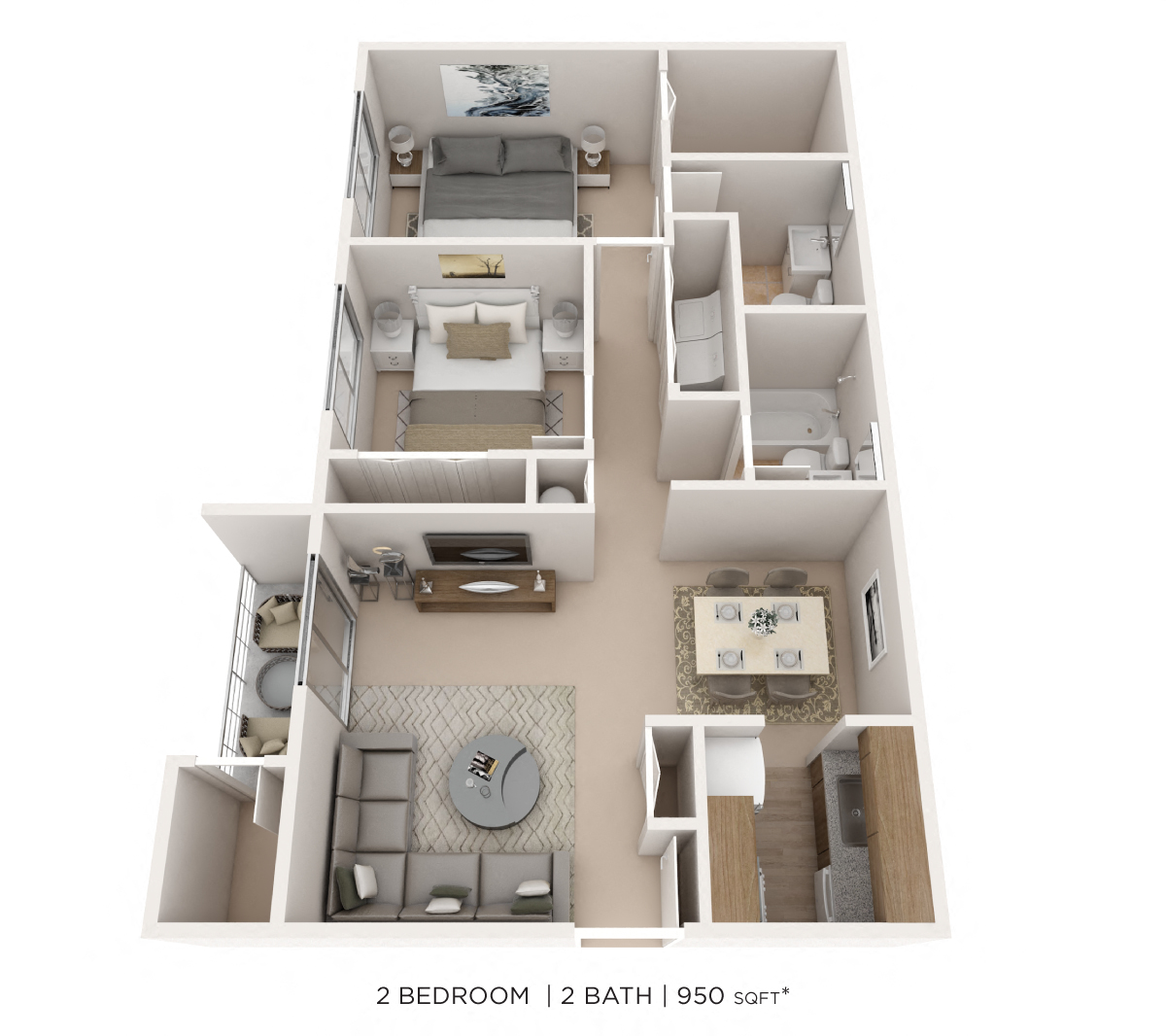 Two Bedroom 2 Bath - 950 sqft floor plan