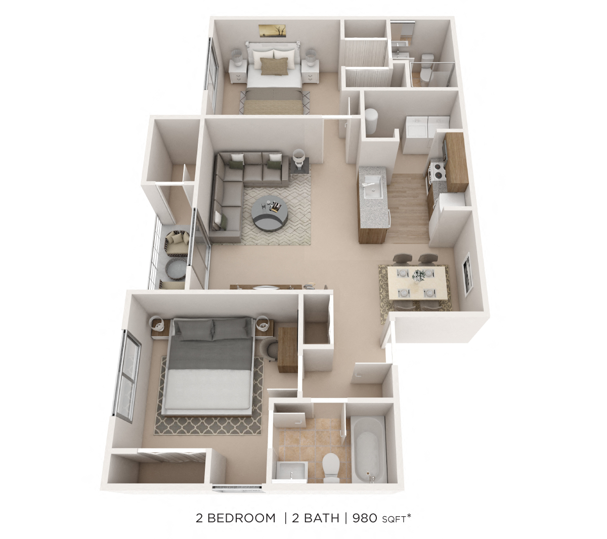 Two Bedroom 2 Bath - 980 sqft floor plan