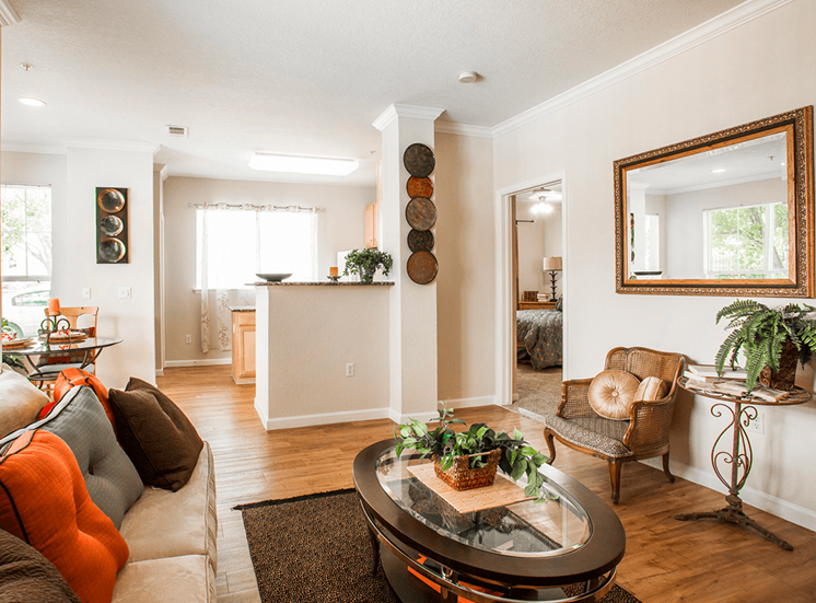 Retreat at City Center model suite living area in Aurora, Colorado