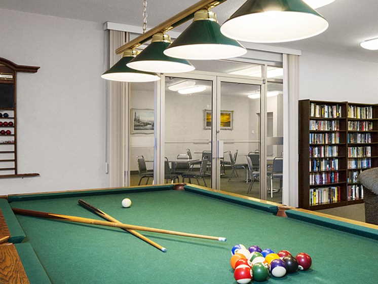 Amenities Room with Pool Table And Library