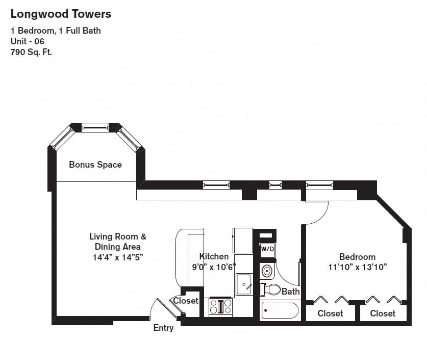 Floor plan Alden Tower - 1 Bed/1 Bath image 2