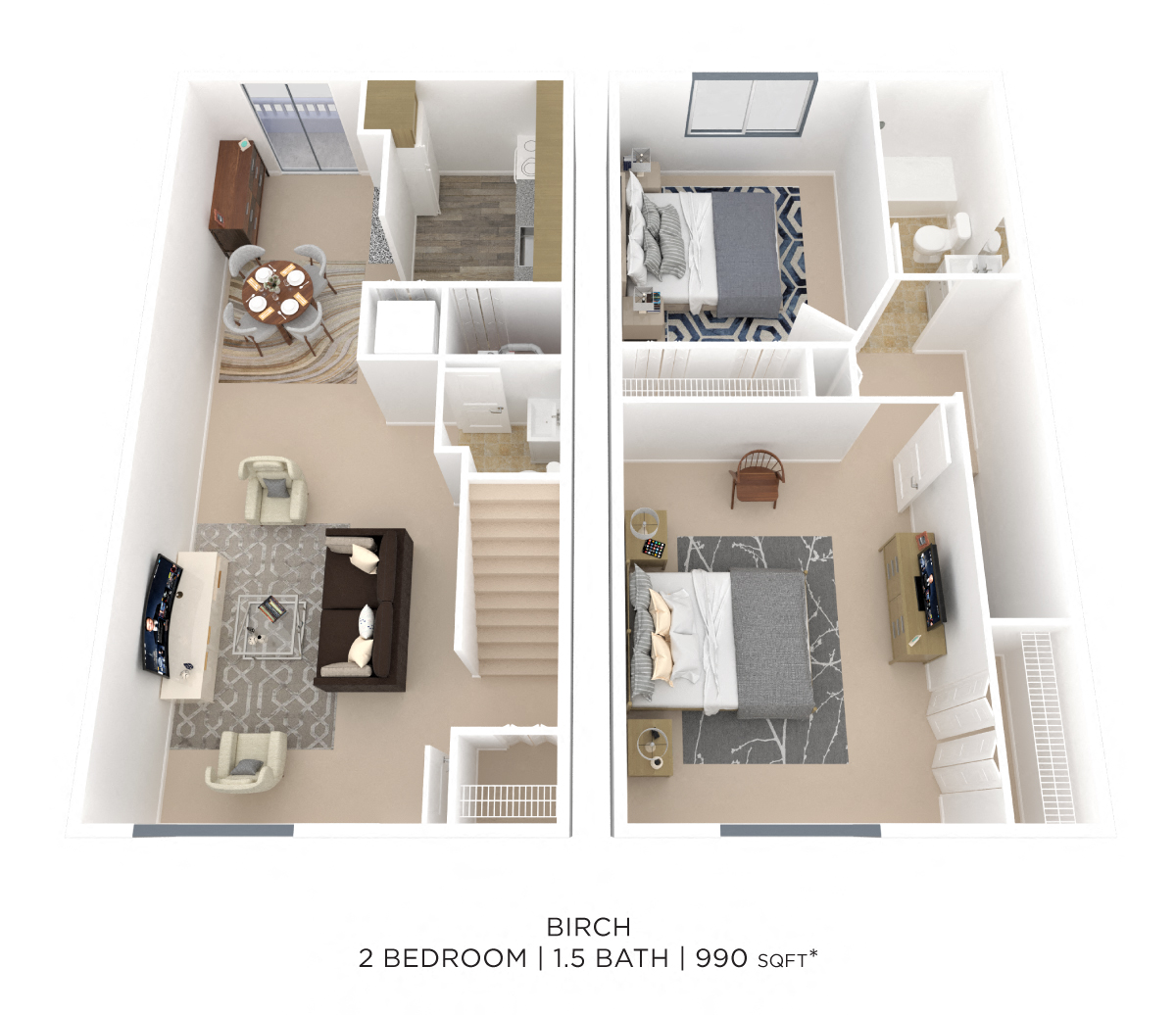 Two Bedroom 1.5 Bath Townhome - 990 sqft floor plan