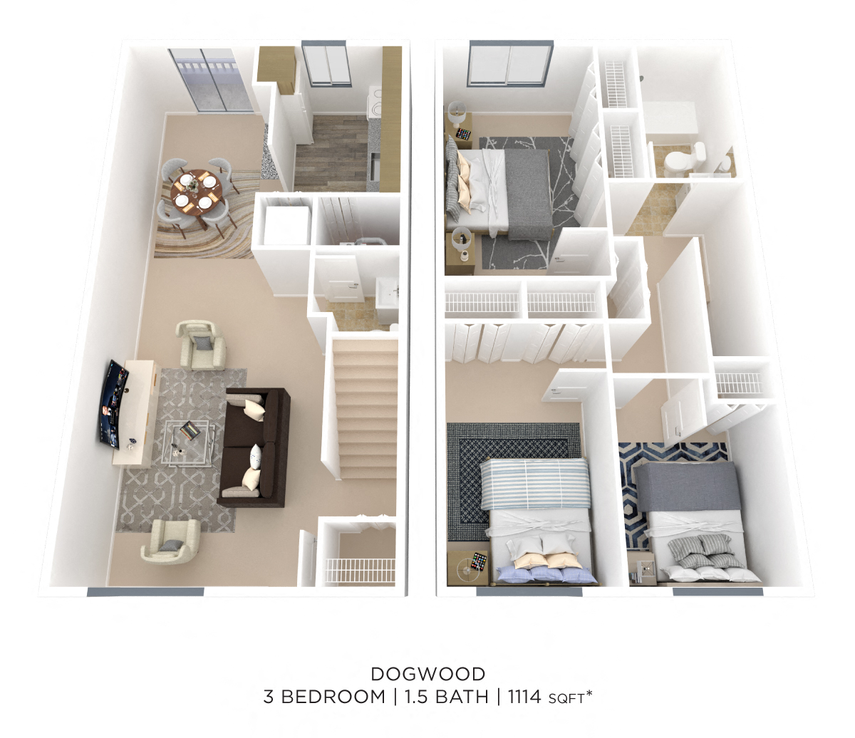 Three Bedroom 1.5 Bath Townhome - 1,114 sqft floor plan