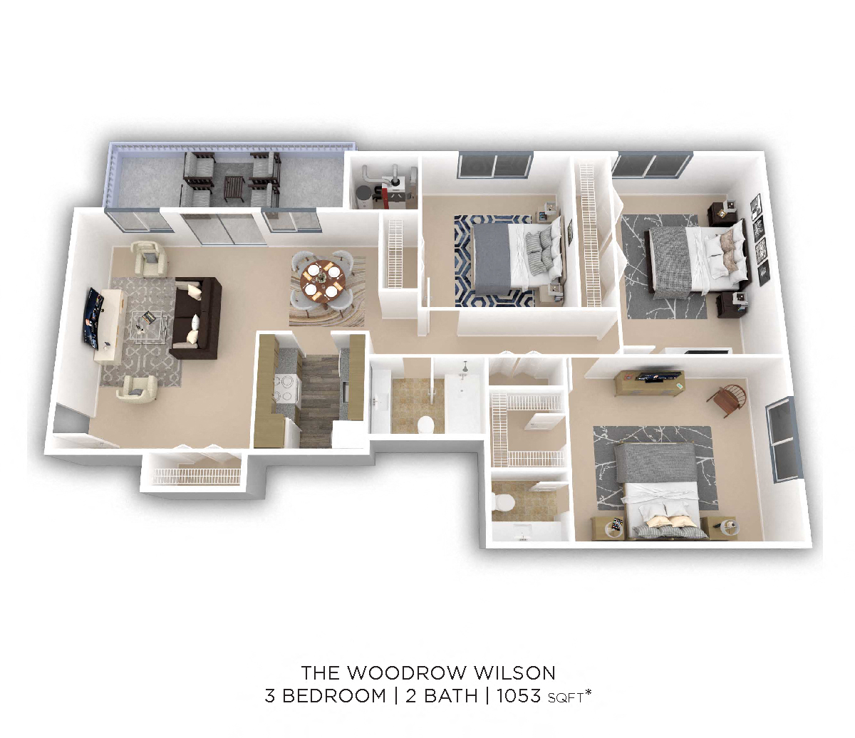 Three Bedroom 1.5 Bath - 1,053 sqft floor plan