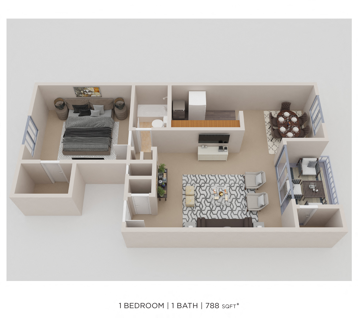 One Bedroom - 788 sqft floor plan