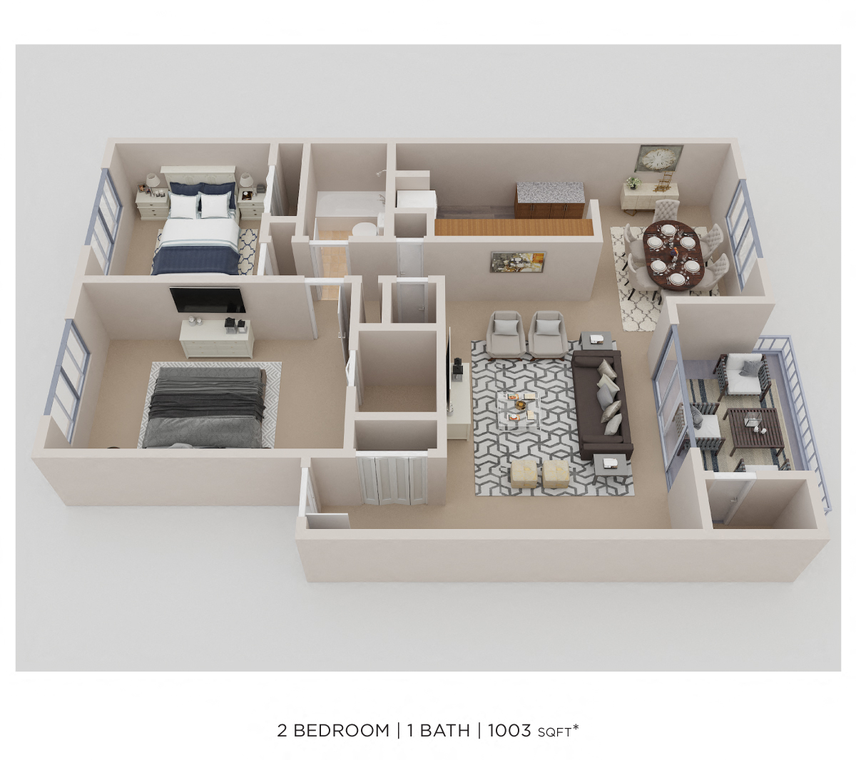 Two Bedroom- 1,003 sqft floor plan