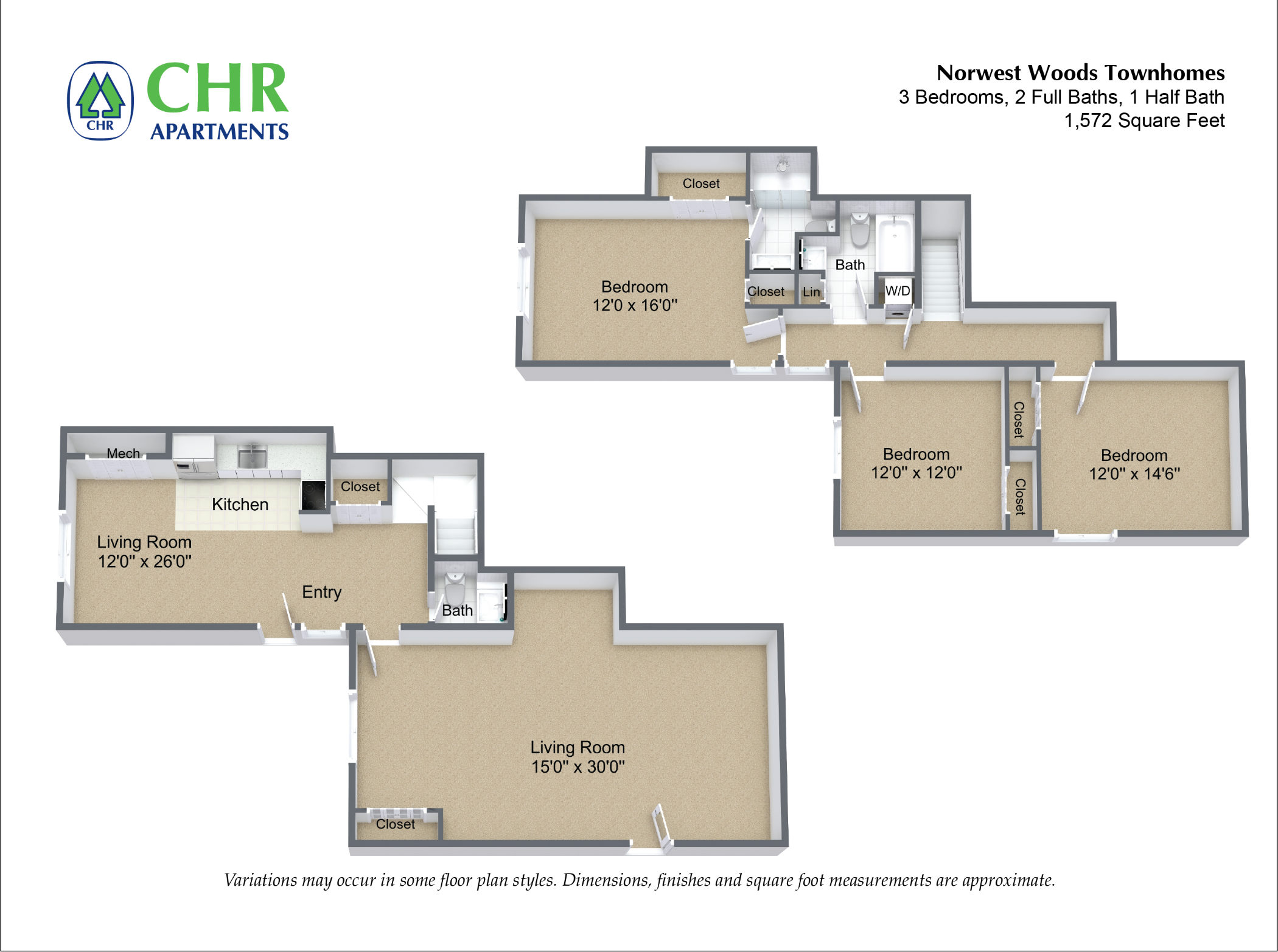 Floor plan 3 Bedroom - Townhome image 2