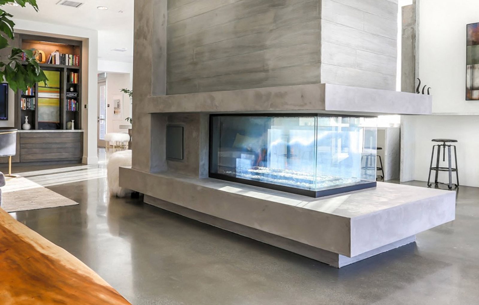 interior resident lobby and electric fireplace