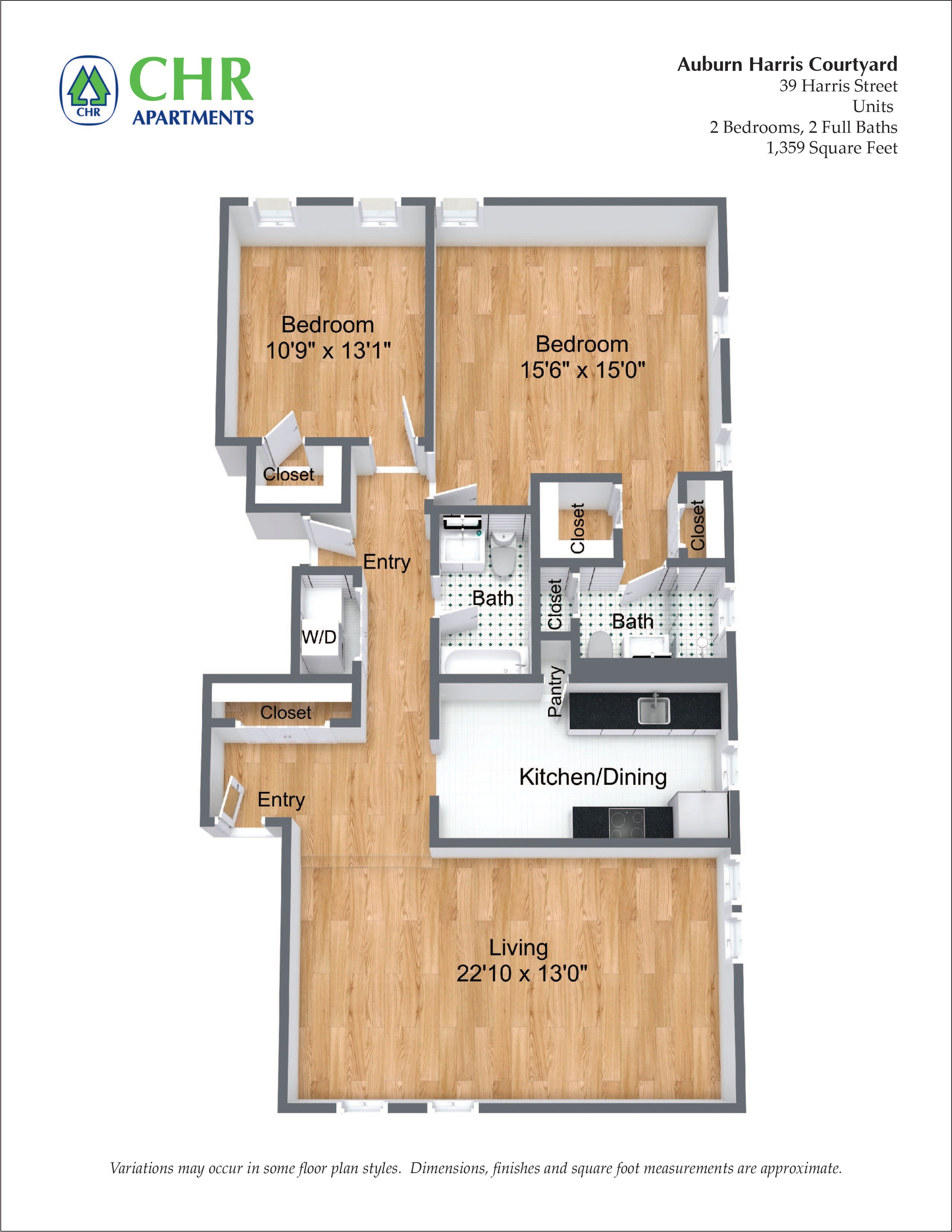 Click to view Auburn Harris Courtyard - 2 Bed/2 Bath floor plan gallery