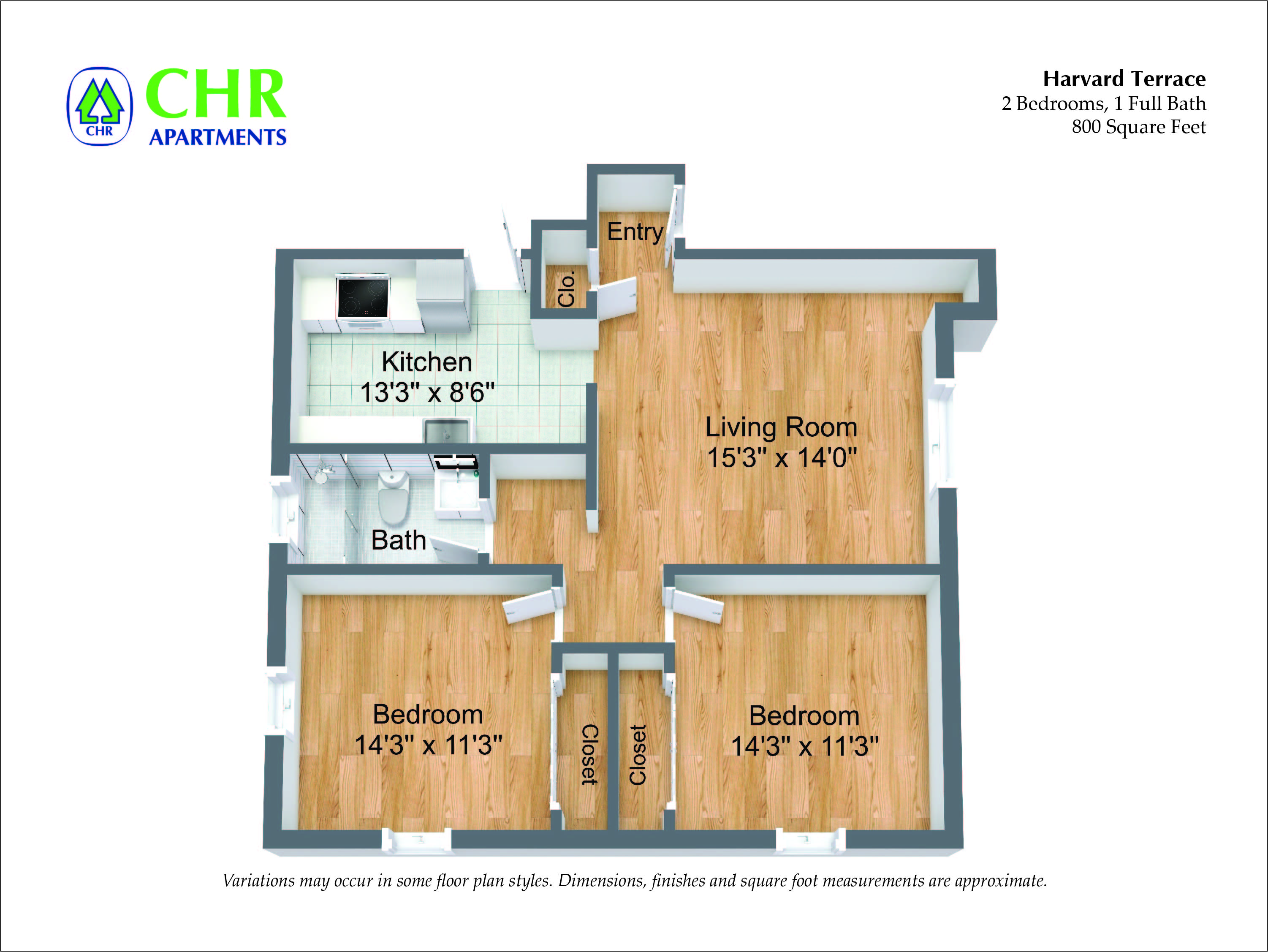 Click to view Harvard Terrace - 2 Bed/1 Bath floor plan gallery