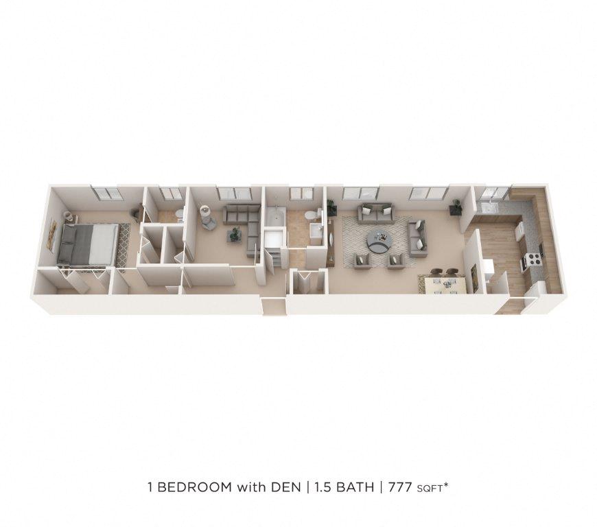 One Bedroom 1.5 Bath- 777 sqft floor plan