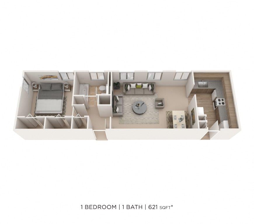 One Bedroom- 621 sqft floor plan