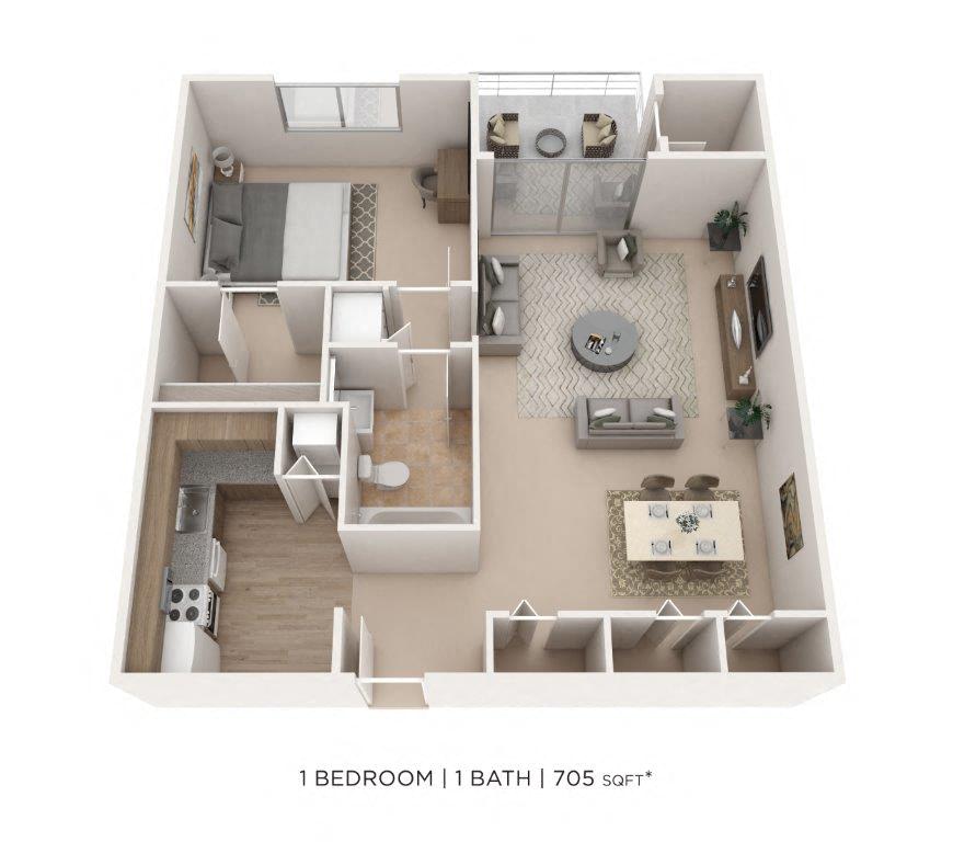 One Bedroom- 705 sqft floor plan
