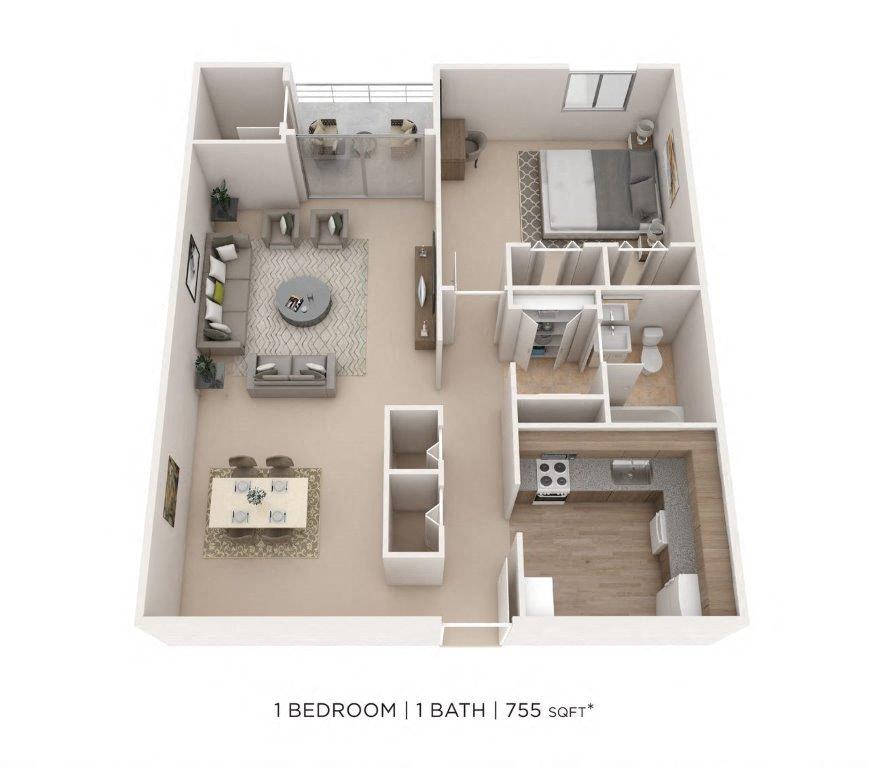 One Bedroom- 755 sqft floor plan