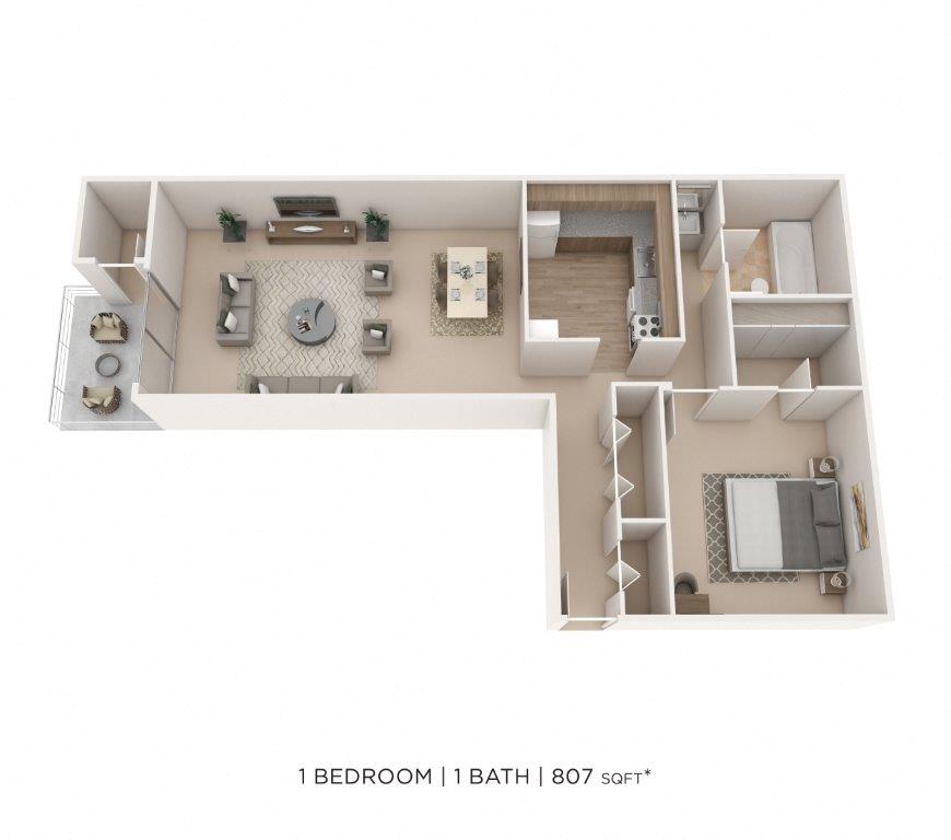 One Bedroom- 807 sqft floor plan
