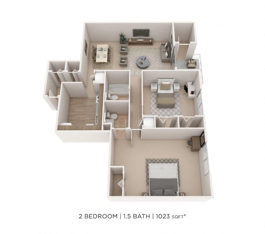 Two Bedroom 1.5 Bath- 1023 sqft floor plan