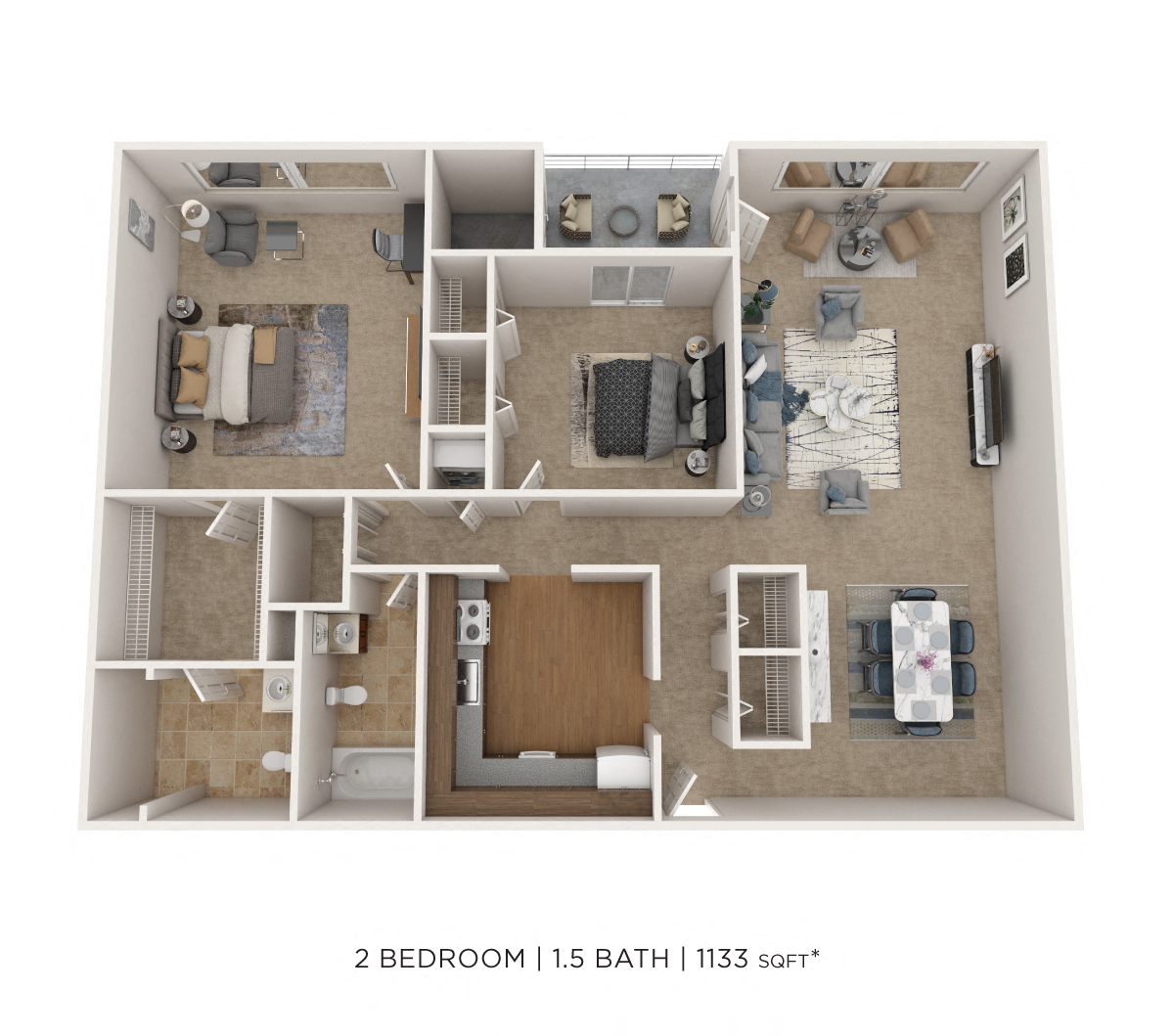 Two Bedroom 1.5 Bath - 1,133 sqft floor plan
