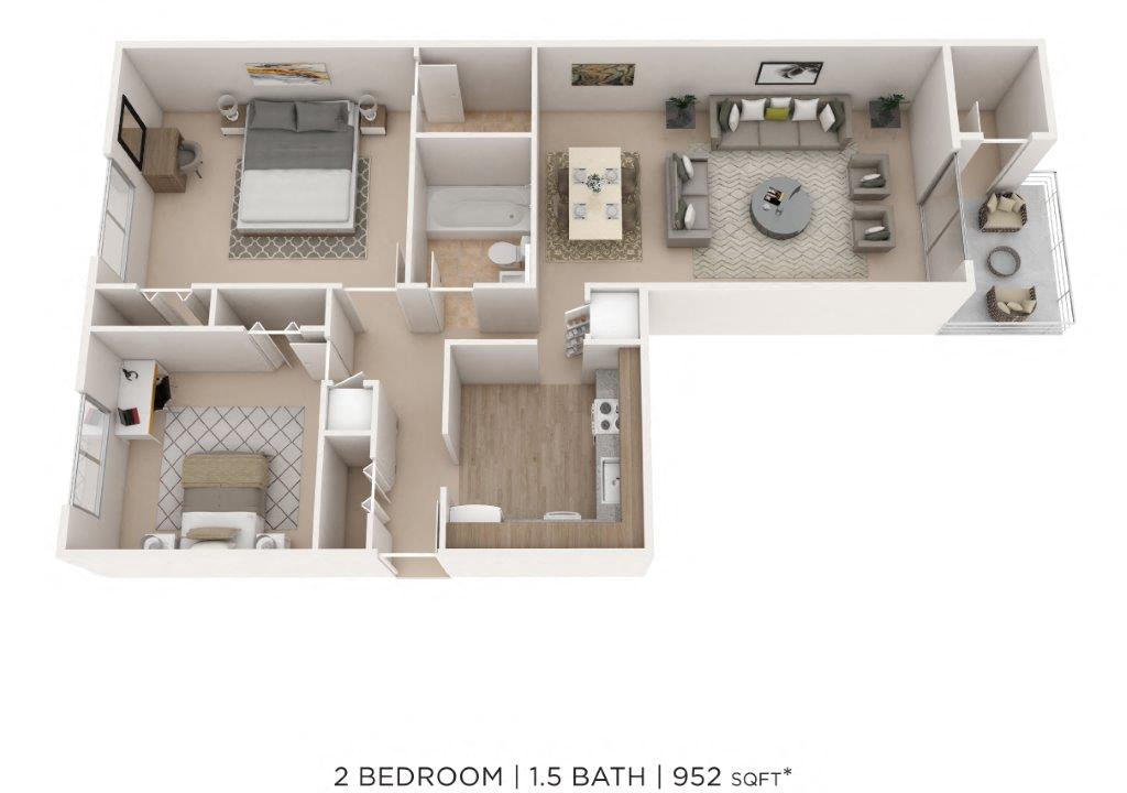 Two Bedroom 1.5 Bath-952 sqft floor plan