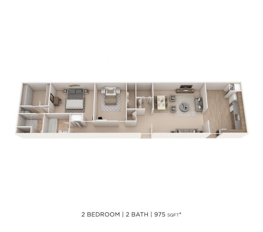 Two Bedroom 2 Bath- 975 sqft floor plan