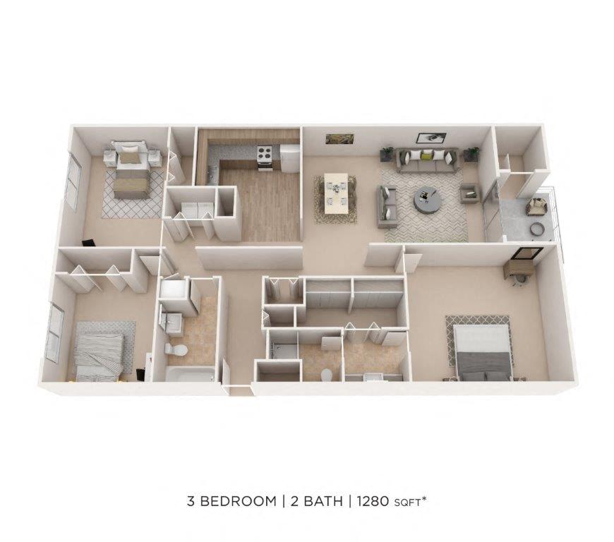 Three Bedroom 2 Bath - 1,280 sqft floor plan