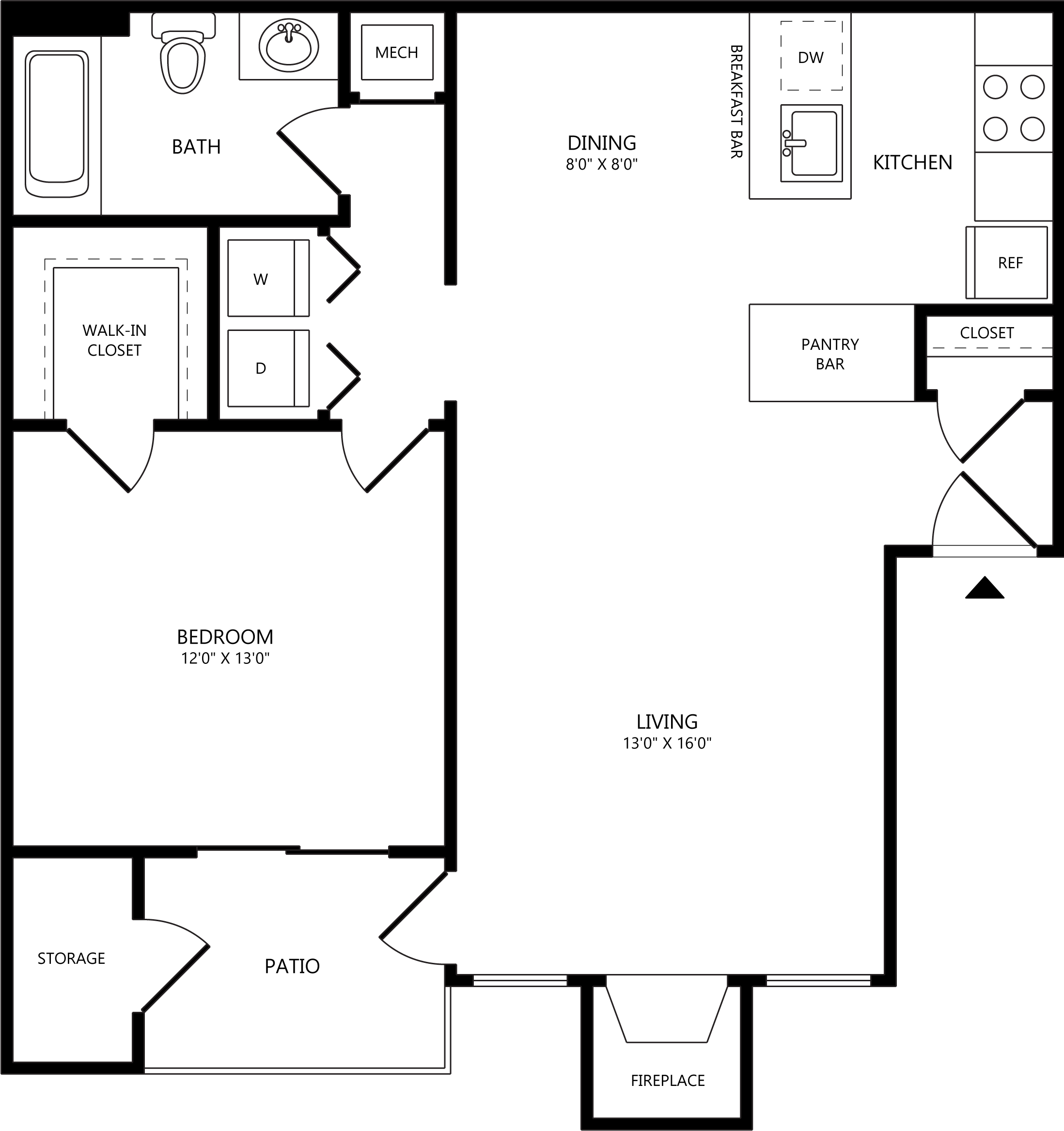 Floorplan for Apartment #15-107, 1 bedroom unit at Halstead Burke