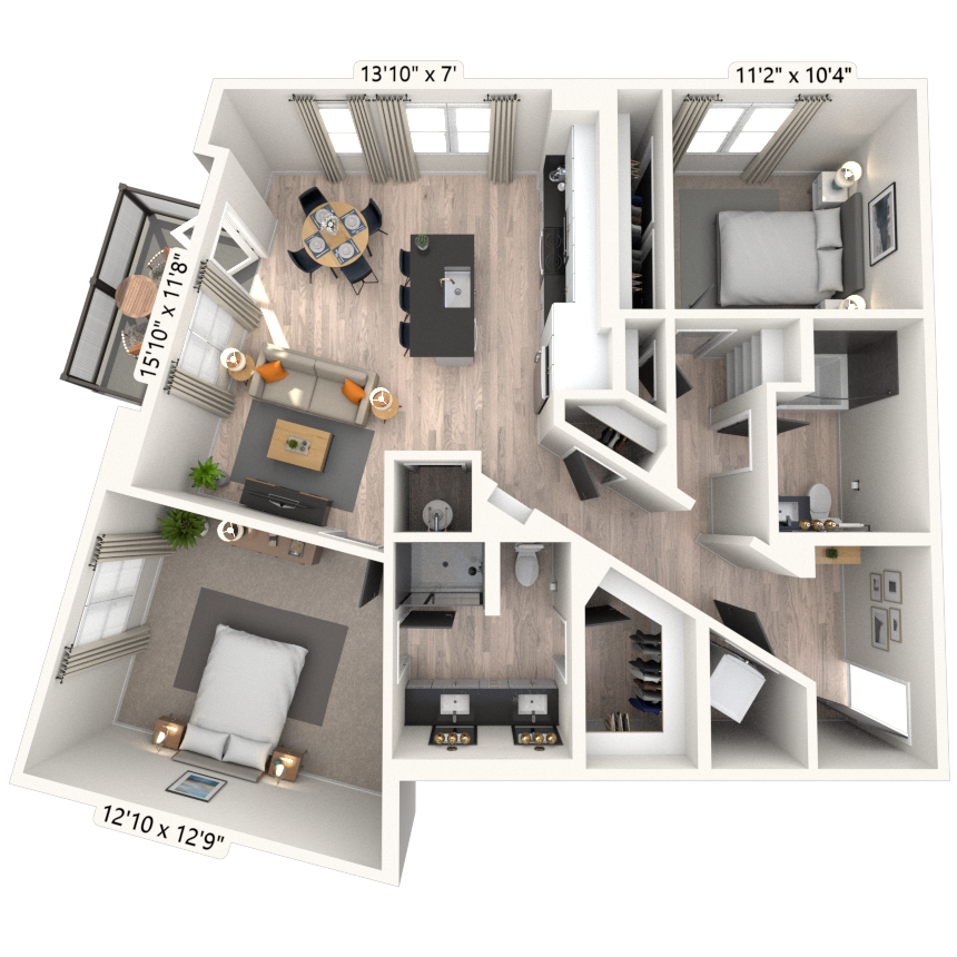 B3 2x2 1125 SF-FP floor plan